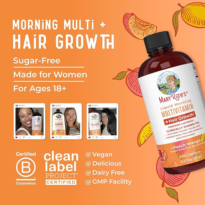 MaryRuth's Liquid Multivitamin + Hair Growth | Biotin 10000mcg | Lustriva Hair Growth Supplement | Clinically Tested in Women for Thicker Hair & Facial Wrinkles | Skin Care | Ages 18+ | 15.22 Fl Oz