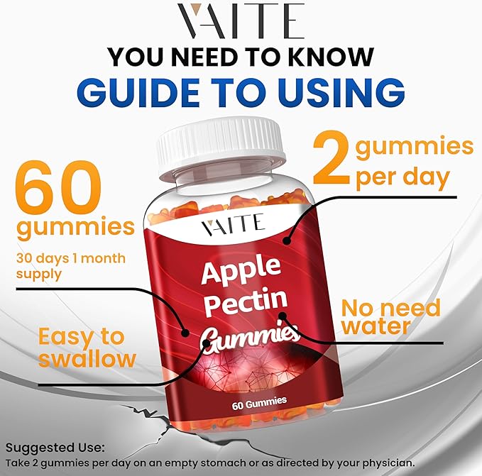 Apple Pectin Gummies - High-Fiber Supplement with 2000mg Natural Cholesterol Lower Support, Promotes Digestive Wellness & Stomach Comfort, Non-GMO & Gluten Free Herbal Supplements - 60 Vegan Gummy