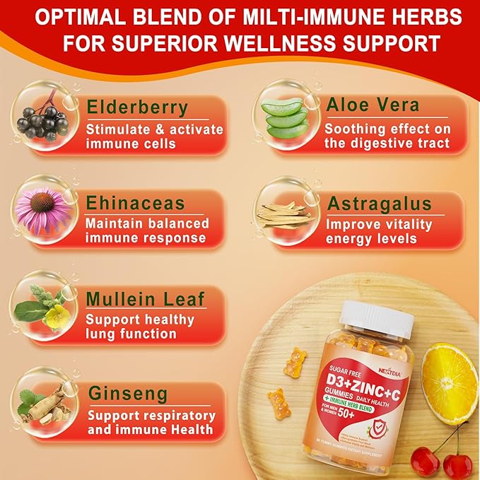 Sugar Free Vitamin C + D3 + Zinc Gummies for Adults 50 +, 9 in 1 Immune Defense Supplement with D3 5000IU, Elderberry, Echinacea, Mullein Leaf for Boost Immunity, Power Antioxidant, Vegan (Pack of 1)