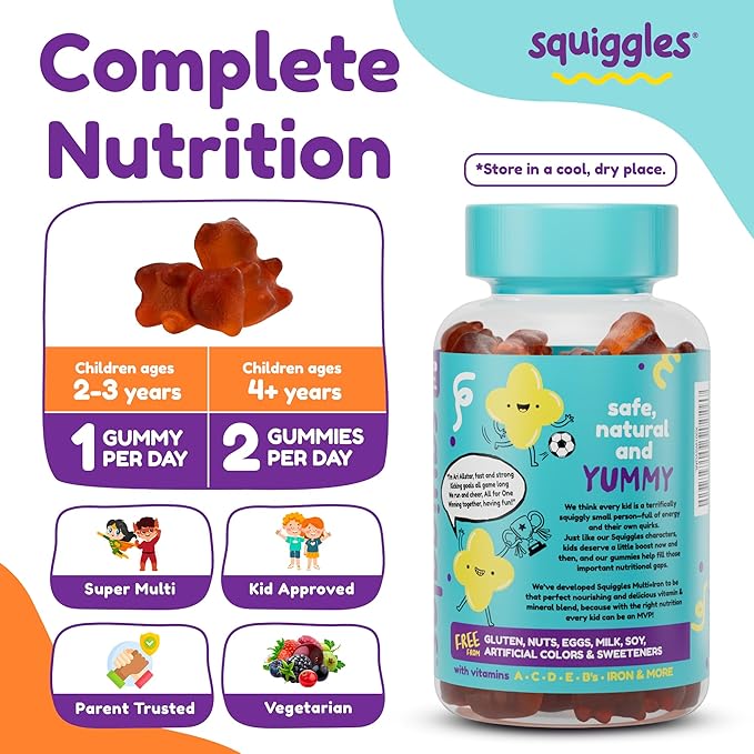 Squiggles Kids Multivitamin + Iron Gummies - Low Sugar Gummy Vitamins with Iron Supplements for Kids - Broad Spectrum of Vitamins and Minerals, Chewy, Yummy Berry Flavor (100 Count)