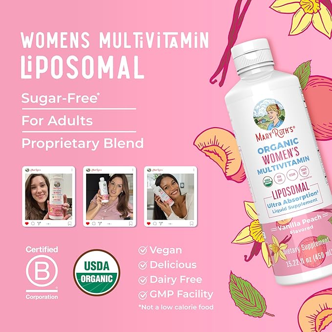 MaryRuth Organics USDA Organic Multivitamin for Women, Sugar Free Womens Multivitamin, Liquid Vitamins for Women, Immune Support Supplement, Ashwagandha, Methylfolate, Vegan, Non-GMO, 15.22 Fl Oz