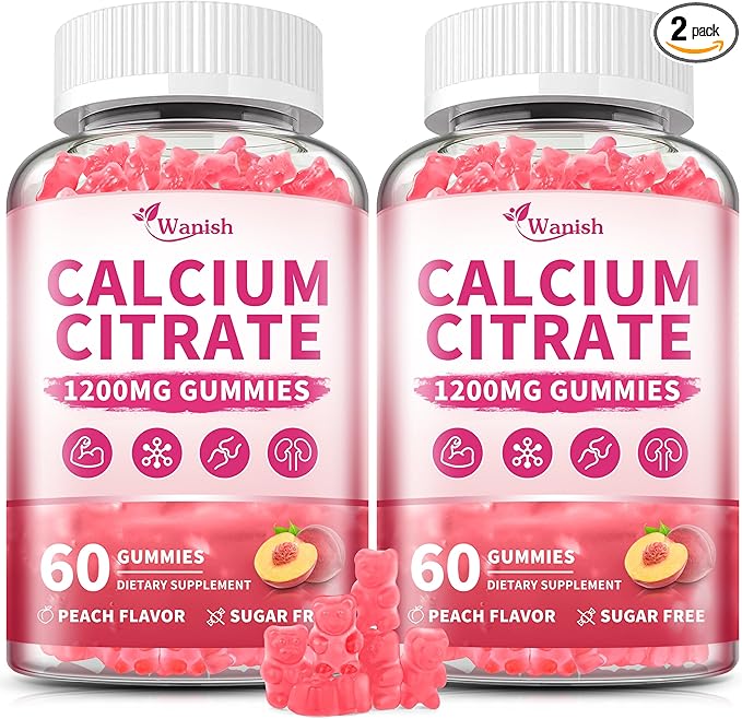 (2 Pack) 1200 mg Calcium Citrate Gummies Supplements for Women & Men,Pure Calcium Citrate Gummies for Bone, Muscle & Immune Support - Easy to Digest, Sugar Free,Vegan,Peach Flavor,60 Day Supply