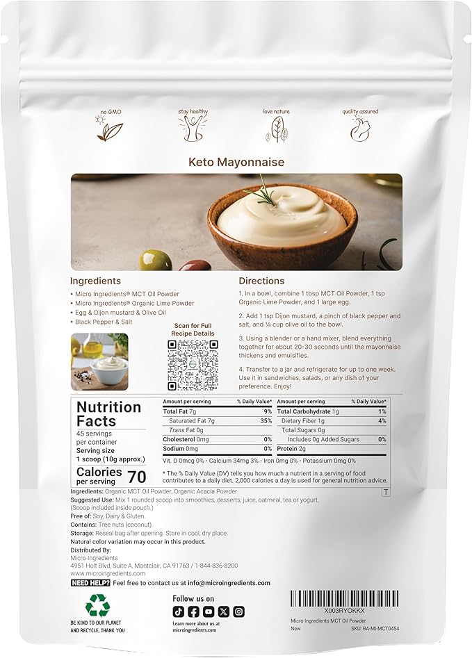 Organic MCT Oil Powder with Prebiotic Fiber,1 Pound(16 Ounce), Fast Fuel for Body and Brain, C8 MCT Oil for Coffee Creamer, No GMOs, Keto Diet, Vegan