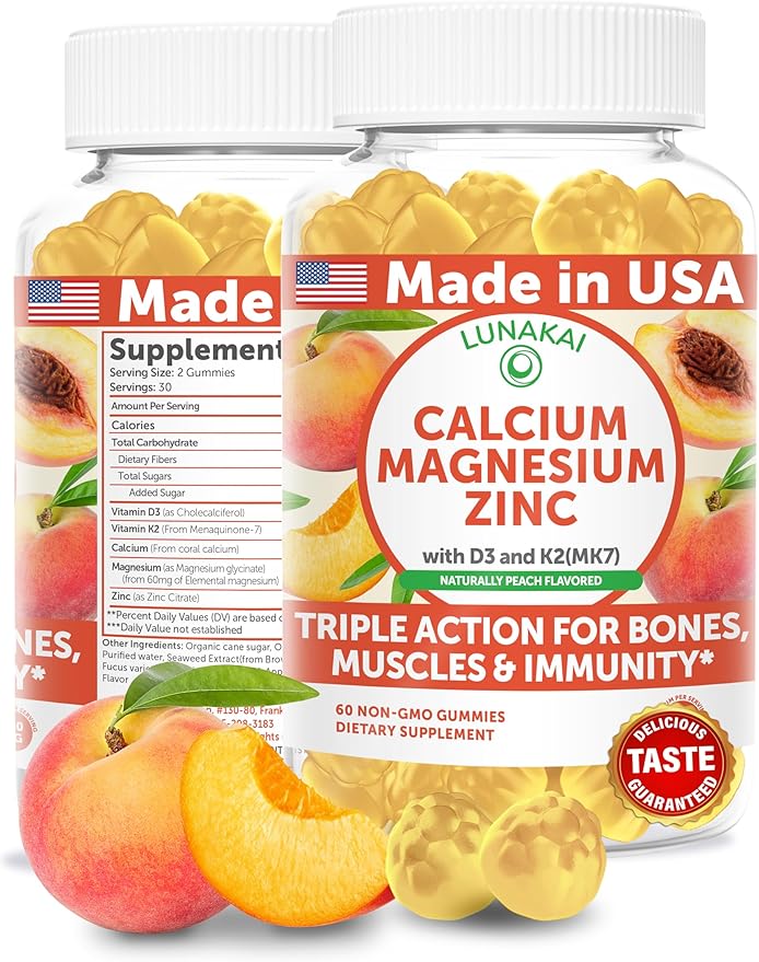 Lunakai USA Made Calcium Gummies with Magnesium, Zinc, Vitamin D3 & K2 for Women, Men & Kids – Delicious Calcium Magnesium Zinc D3 Supplement for Bone, Muscle & Immune Support, 60ct