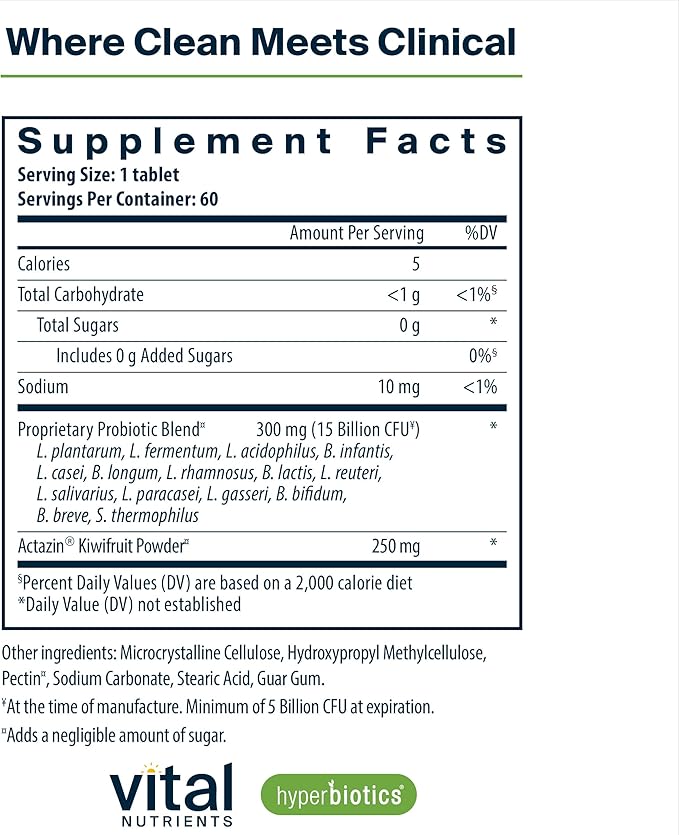 Hyperbiotics Vital Nutrients Pro-15 Advanced Probiotics for Women and Men | 15 Strains + Kiwifruit | Clinically Studied Daily Probiotics for Digestive Health, Gas, & Bloating | 60 Vegan Tablets