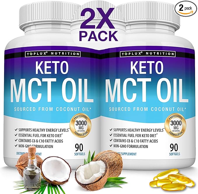 Toplux Keto MCT Oil Capsules - 3000mg Natural Pure Coconut Oil Extract Pills, Source of Energy, Easy to Digest for Men Women, 90 Softgels, Supplement