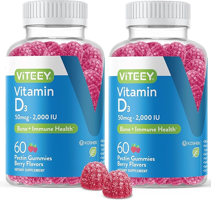 VITEEY Vitamin D3 for Adults & Teens - 2,000 IU, 50mcg, Regular Strength - Joint & Muscle Health, Immune Boost - Chewable Vitamin D Gummies - Vegetarian, Gelatin Free - Tasty Berry Flavored Gummy