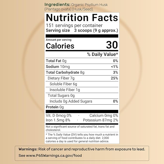 NatureBell Psyllium Husk Fiber Supplement, 9,000mg Per Serving, 3lb (48oz) Powder | Organic Soluble Fiber for Digestive & Gut Health | Plant-Based, Unflavored, Non-GMO, Gluten-Free