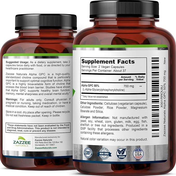 Zazzee Extra Strength Alpha GPC Choline, 700 mg per Serving, 75 Vegan Capsules, 100% Pure Pharmaceutical Grade, 100% Vegetarian, Standardized for Potency and Purity, All-Natural and Non-GMO
