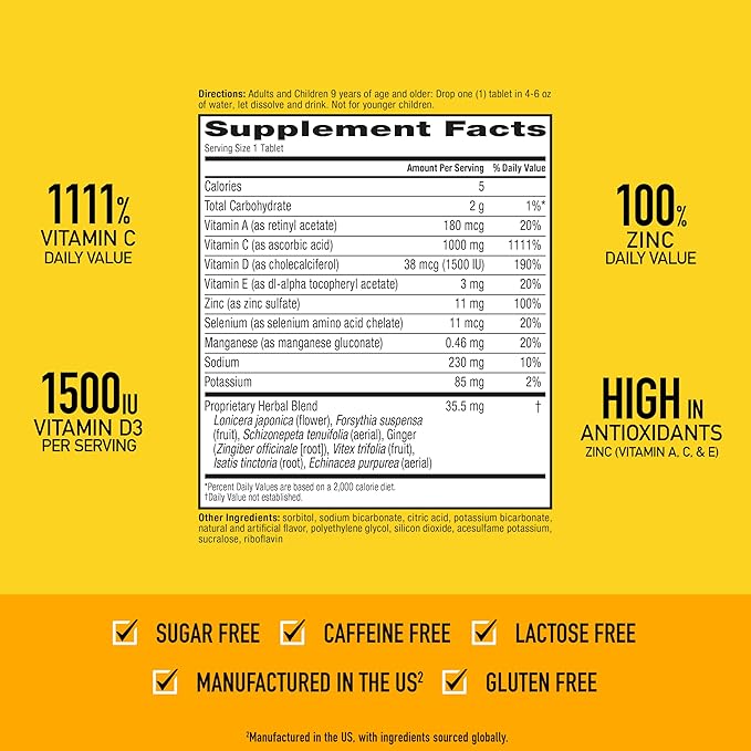 Airborne 1000mg Vitamin C with Vitamin D & Zinc, Sugar Free Multivitamin Immune Support Supplement, Antioxidants Vitamins A C & Vitamin E, 30 Effervescent Tablets, Zesty Orange Flavor