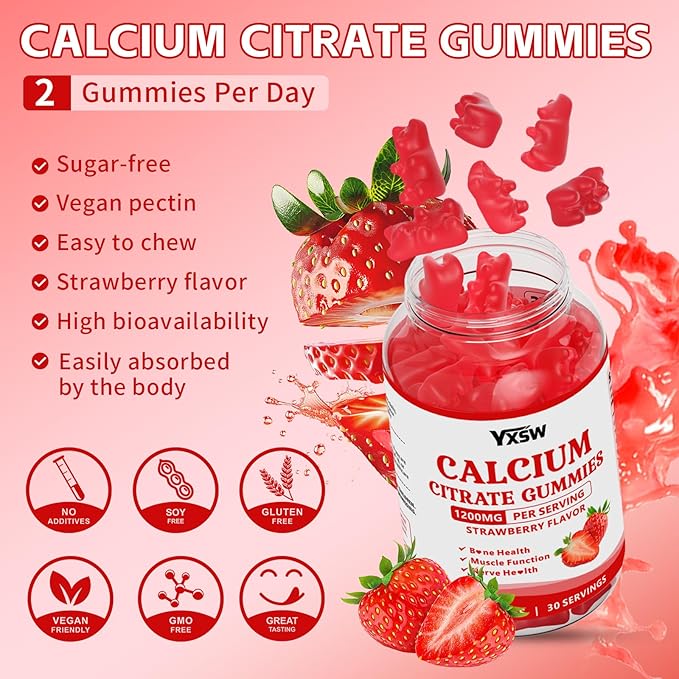 Calcium Citrate Gummies 1200mg, Chewable Calcium Supplement for Women & Men, Sugar Free Calcium for Bone, Muscle & Immune Support, Gluten Free, Vegan, Non-GMO, Strawberry Flavor, 60 Count