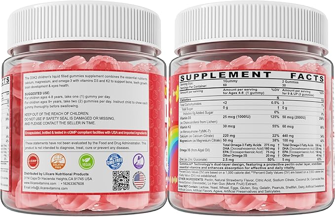 Vitamin D3 K2 + Calcium Liquid-filled Gummies for Kids & Teens, 1000IU/2000IU D3 with Magnesium, Algal Omega 3, Vitamin for Kids for Bones & Teeth, Calcium Absorption, Brain, Immunity,Sugar-Free,2Pack