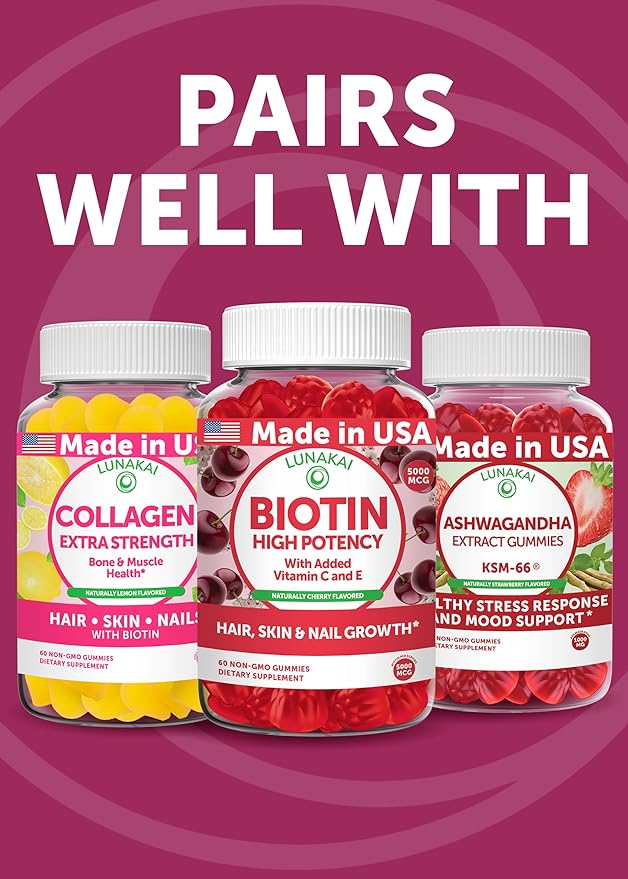 Lunakai USA Made Super Hair Gummies with Biotin, Zinc, Horsetail Extract & Saw Palmetto - Hair Growth Vitamins for Women & Men – Supports Thicker, Longer, Stronger Tresses, Skin & Nails, 60ct