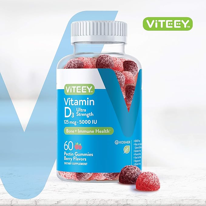Viteey Vitamin D3 Gummies for Adults & Teens - 5,000 IU, 125mcg, Ultra Strength - Joint & Muscle Health, Immune Boost - Chewable Vitamin D Gummies - Vegetarian, Gelatin Free - Tasty Berry Flavored