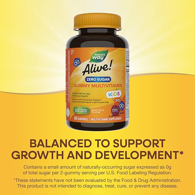 Nature's Way Alive! Kids Zero Sugar Gummy Multivitamins, for Kids Ages 2+, Supports Bone, Eye & Immune Health*, No Sugar Alcohols, Plant-Based Sweeteners, Berry-Citrus Flavored, 60 Gummies