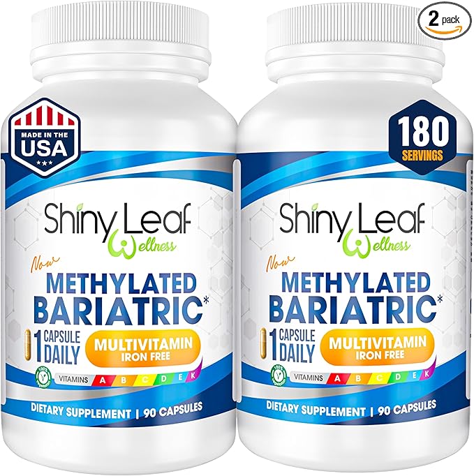 Shiny Leaf Methylated Bariatric Multivitamin Without Iron – Vitamins for Gastric Bypass & Sleeve, 1 Daily Capsule W Methylated Folate, B12, A, C, D, K & More. Vegetarian, Soy-Free, USA Made (180 Ct.)