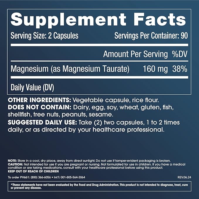 ProHealth Pure Magnesium Taurate, 160mg per Serving | Optimal Bioavailability Supplement for Healthy Aging | Supports Brain, Heart, and Muscle Health | Third-Party Tested | 180 Capsules (3 Pack)