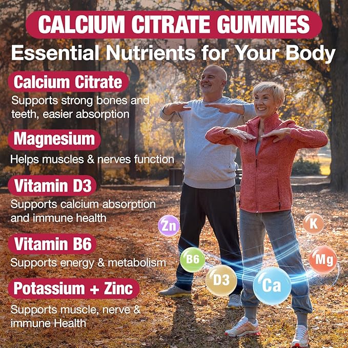 2 Pack Calcium Citrate Gummies 1200mg, Calcium Supplements for Women & Men, Calcium Gummies with Vitamin D3, K2, Magnesium, Zinc, Potassium, Muscle & Immune Support, Strawberry Flavor, 120 Count