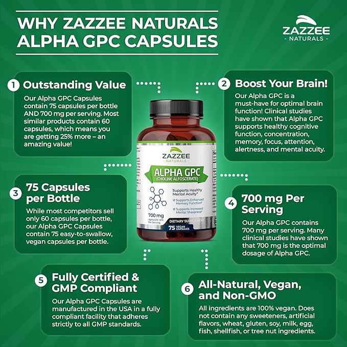 Zazzee Extra Strength Alpha GPC Choline, 700 mg per Serving, 75 Vegan Capsules, 100% Pure Pharmaceutical Grade, 100% Vegetarian, Standardized for Potency and Purity, All-Natural and Non-GMO