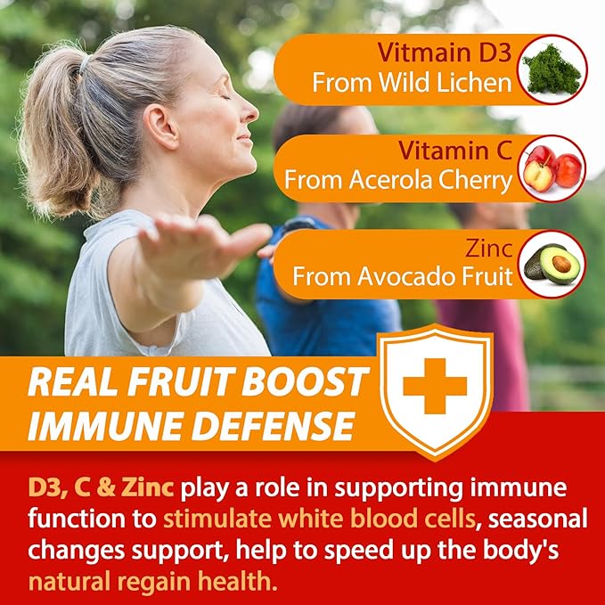 Sugar Free Vitamin C + D3 + Zinc Gummies for Adults 50 +, 9 in 1 Immune Defense Supplement with D3 5000IU, Elderberry, Echinacea, Mullein Leaf for Boost Immunity, Power Antioxidant, Vegan (Pack of 1)