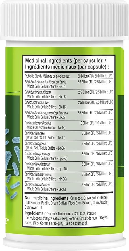 NATURELO Probiotics for Digestive Health - 50 Billion CFU, 11 Strains Daily Supplement - Boosts Immune System, Delayed Release, 60 Vegetarian Capsules