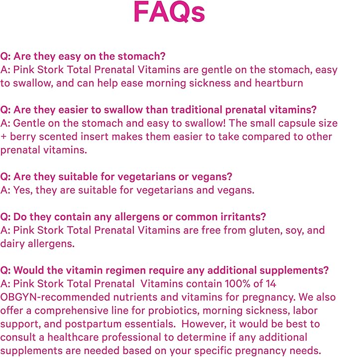 Pink Stork Total Prenatal Vitamins with DHA, Folate, Iron, Choline, and Vitamin B12 - Prenatals for Women to Support Fetal Development, Pregnancy Essentials, Berry Essence, 60 Capsules, 1 Month Supply
