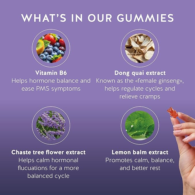 PMS Support Supplement for Women. Menstrual Relief Gummies to Target Hormonal Breakouts, Bloating, Period Cramps, & Mood Swings. Vegan, with Vitamin B6 & Lemon Balm, 60 Gummies