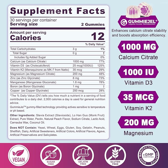 Sugar Free Calcium Citrate Gummies for Women & Men 1000mg, Vitamin D3 K2, Magnesium, Zinc, Boron, Manganese, Copper, Ultimate Absorption Calcium Supplements for Bone, Muscle & Immune - Vegan, 60 Count