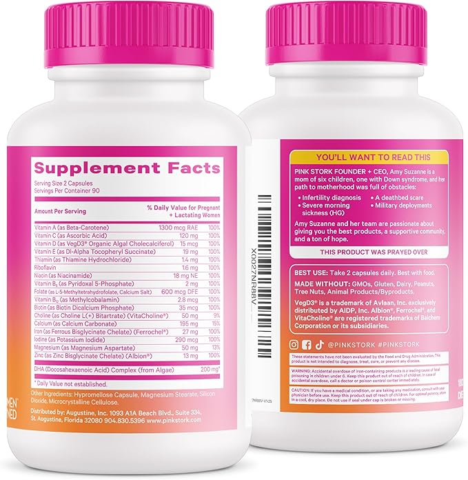 Pink Stork Total Prenatal Vitamins with DHA, Folate, and Iron, 3 Month Supply to Help Support Fetal Development, Pregnancy Must Haves - 180 Capsules