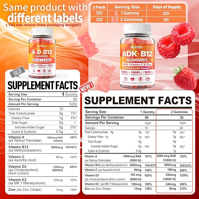 Sugar-Free ADK+Vitamin B12 Gummies - Vitamin D3 K2 10,000IU/ 5000IU, B12 5000mcg 2500mcg, K2 (MK-7) 240mcg, Multivitamin Adults-Vitamin A,Vegan Vitamin D,Methyl B12,C,Zinc-Eye,Bone,Energy,Nerve,Immune