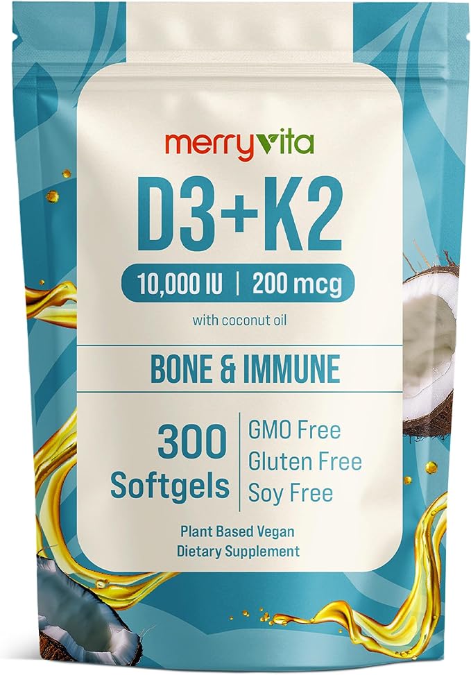 Vitamin D3 K2 300 Softgels β 10000 IU & 200 MCG K2 MK7 β Plant-Based, Vegan, Non-GMO, Gluten-Free β Coconut Oil β Immune, Bone & Muscle Support β D3 con K2 vitamina Supplement