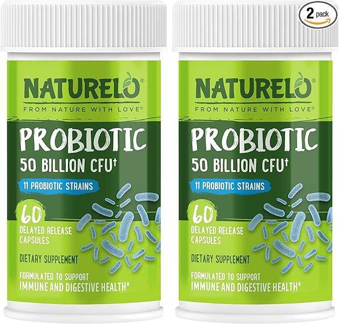 NATURELO Probiotics for Digestive Health - 50 Billion CFU, 11 Strains, Daily Use Supplement - Boosts Immune System, Delayed Release, No-Fridge, 60 Vegetarian Capsules (Pack of 2)