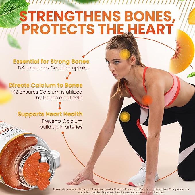 Vitamin D3 10000 IU & K2 Gummy for Adults - Sugar-Free, High Absorption - Supports Bone, Joint, Immune, Heart, Brain & Dental Health - Non-GMO, Gluten-Free, Fiber-Based, Peach Flavor, 120 Gummies