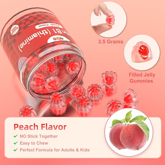 Vitamin B1 Gummies 300mg for Adults & Kids,Chewable Thiamine B1 Supplement with 150mg Magnesium,Nervous System Healthy Energy,Natural Peach Flavor,Non GMO,Vegan 60 Count Sugar-Free 1-Month Supply1
