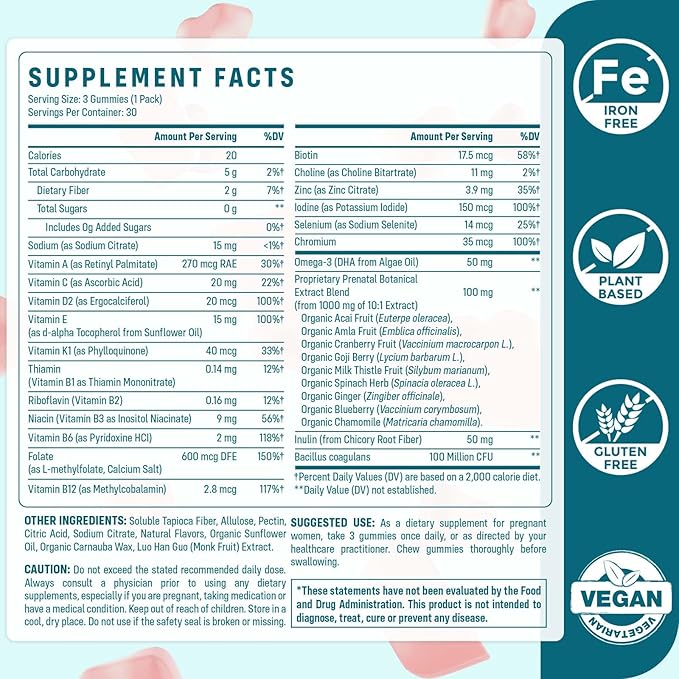Prenatal Gummies Sugar Free 180 Count - Organics Prenatal Vitamins for Women with Folate, DHA & Probiotics - Iron Free Prenatal Vitamin Gummies for Immune & Digestive - 2 Bottles