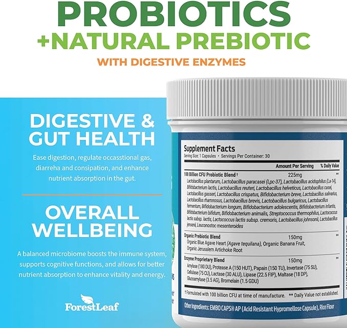 Probiotics for Men and Women, 100 Billion CFU, 26 Unique Strains, Men's and Women's Probiotic and Prebiotics Support Digestive Health, Gut Wellness, Energy, Mood, Immune, PH Balance (30 Caps)