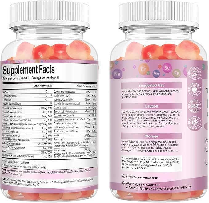 Sugar Free Multivitamin Gummies for Women 14+ w/Iron, Inositol, Folate, Biotin, Womens Daily Multivitamin Gummy w/Vitamin A, C, B, D3, K2, for Hair, Skin, Energy, Immune, Strawberry Flavor