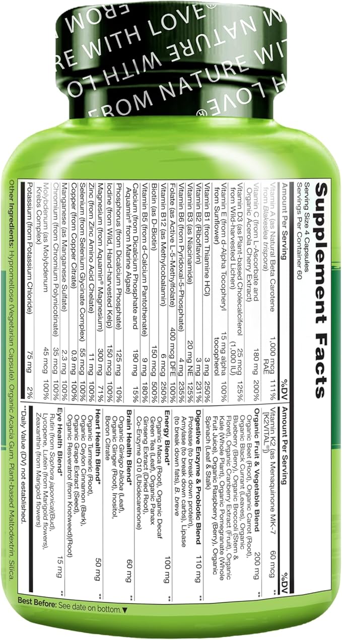 NATURELO Mens Multivitamins - Whole Food Multivitamin for Men with Vitamins, Minerals - 240 Vegetarian Capsules for Energy, Brain, Heart, Eye Health*