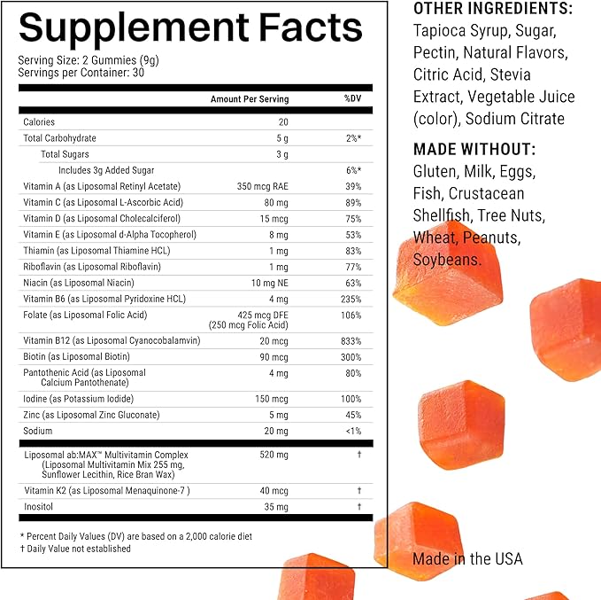 Liposomal Multivitamin Gummies for Men & Women, Orange Passion Fruit Flavor – 520 mg Liposomal Multi Complex with 14 Vitamins & Minerals, Immune Support & Antioxidant Defense – 30 Servings