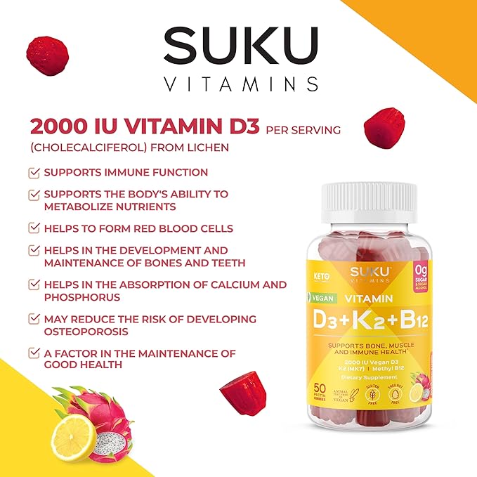 Vegan D3 + K2 + B12 Sugar-Free & Sugar-Alcohol-Free Keto 2000IU Vitamin D Gummy Supplement for Healthy Bones, Immune Function, Healthy Metabolism, Lemon Dragon Fruit Flavor (50 Gummies)
