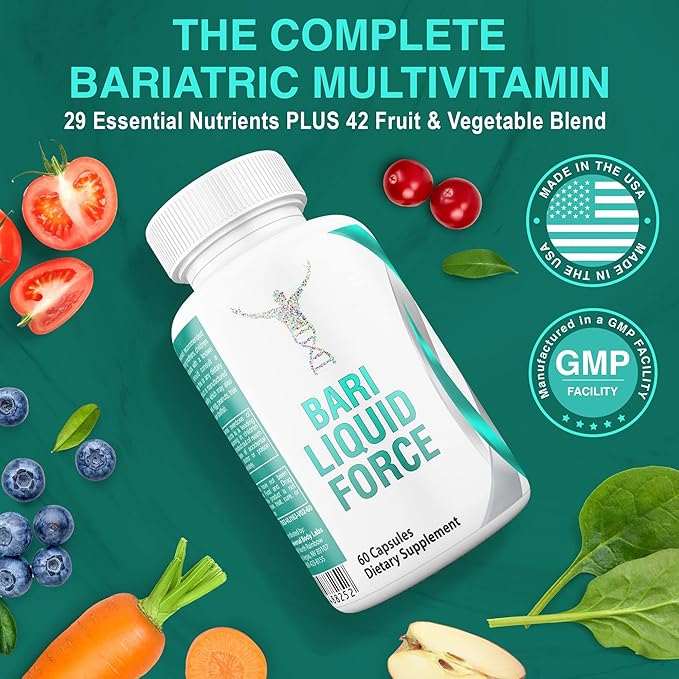 Bari Liquid Force One a Day Bariatric Multivitamin with Iron – Rapid Absorption Gel Caps for Gastric Sleeve, Bypass, Duodenal Switch – Superfood Blend - Bariatric Must Haves for Women & Men
