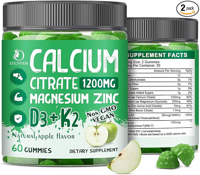 (2 Pack) Calcium Citrate 1200 mg with Vitamin D3 Gummies for Women & Men, Calcium Magnesium Zinc with Vitamin D3 K2 Supplement for Bone & Teeth Support, Natural Apple Flavor - 60 Day Vegan Supply
