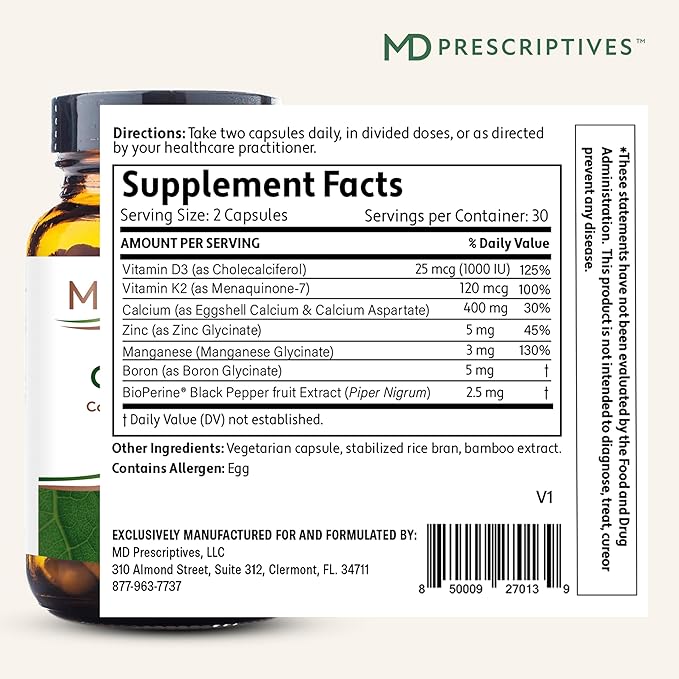 Osteo MD Bone Health Supplement - Complete Support for Strength & Mass, with Natural Vitamin D3 & K2, Calcium, & Zinc - 60 Capsules