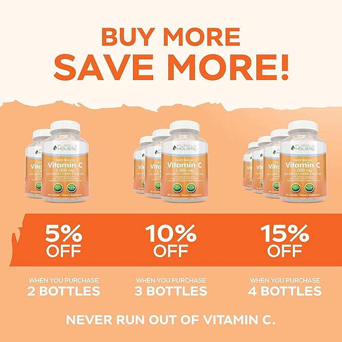 Purely Holistic Vitamin C 1000mg, 365 Capsules, 12 Month Supply, 2 Stage Timed Release with Ascorbic Acid, Rosehip & Acerola Cherry Bioflavonoid, Immune System Support, Vegan