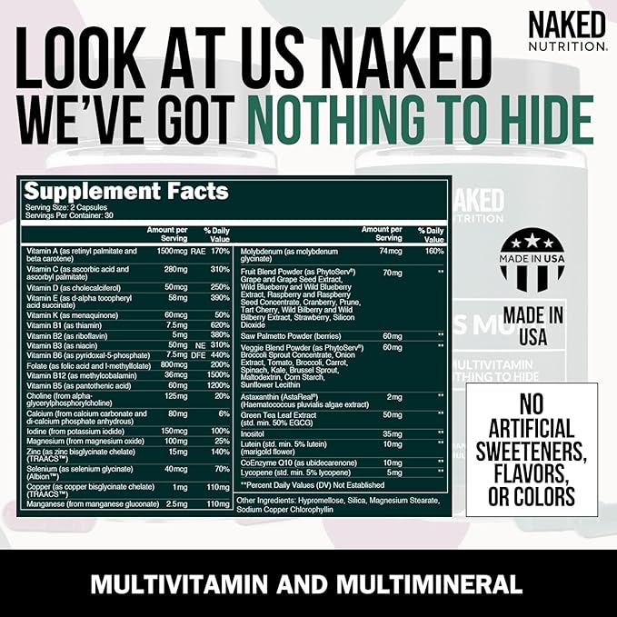 NAKED Men’s Multi – Daily Multivitamin for Men – A, C, E, Selenium, Zinc, Fruit and Super Green Extracts and More to Boost Immune Support – Gluten-Free and Vegetarian Daily Vitamins – 60 Capsules