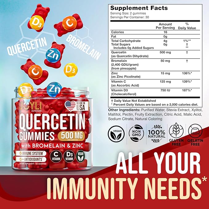 2 Pack - JOYLI Quercetin Gummies with Bromelain, Zinc, Vitamin C & D3 – Sugar-Free Quercetin Supplement for Immune Support & Seasonal Wellness – 500mg Quercetin for Kids & Adults – 60 Gummies per Pack