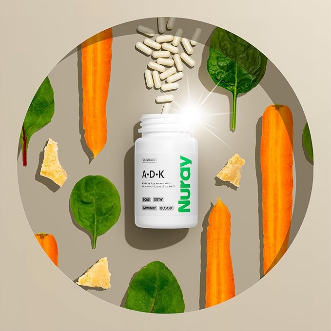Nuray ADK Supplement - Essential Vitamin Complex for Immune Support, Bone Health, Teeth and Energy - with Vitamin A, D3, & K2 (as MK-7) - Vegetarian, Gluten Free & Soy Free - 60 Capsules