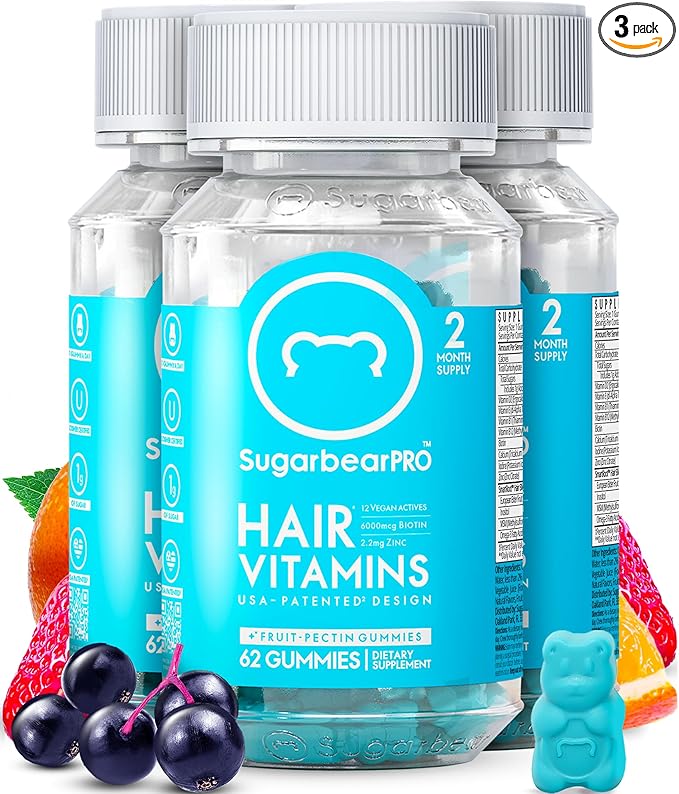 SugarBearPro Hair Vitamin Gummy 6 Month Supply Extra Strength Biotin 6000mcg, Growth for Men & Women, Vegan Vitamin B12, MSM, Inositol, Omega 3, Elderberry, Certified Kosher, Halal, Cruelty-Free