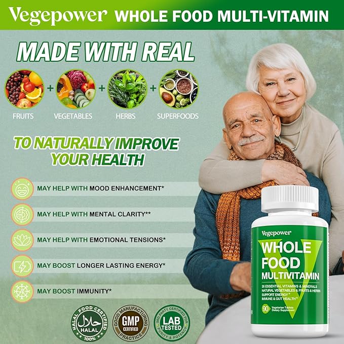 Vegan Whole Food Multivitamin with Iron, Daily Multivitamin for Men and Women, Methylated Multi Vitamins, B-Complex, Fruits & Vegetables, Enzymes, Omegas, Mushroom, Non-GMO, 90 Count