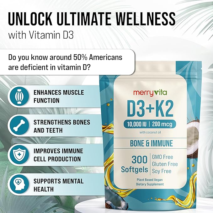 Vitamin D3 K2 300 Softgels β 10000 IU & 200 MCG K2 MK7 β Plant-Based, Vegan, Non-GMO, Gluten-Free β Coconut Oil β Immune, Bone & Muscle Support β D3 con K2 vitamina Supplement